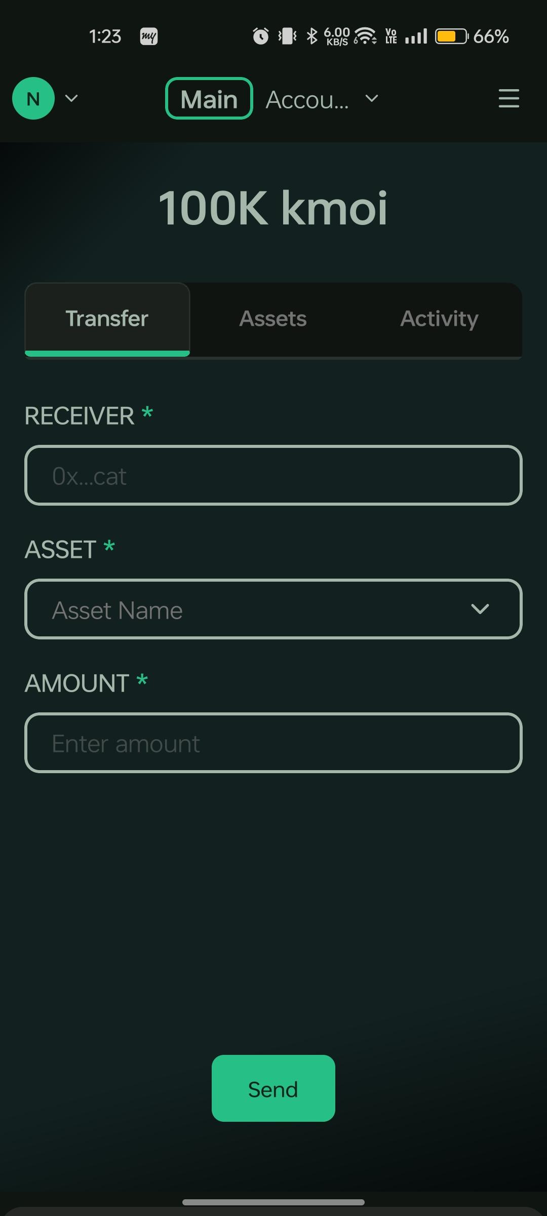 Transfer form on the home screen with receiver address, asset selector, and amount fields