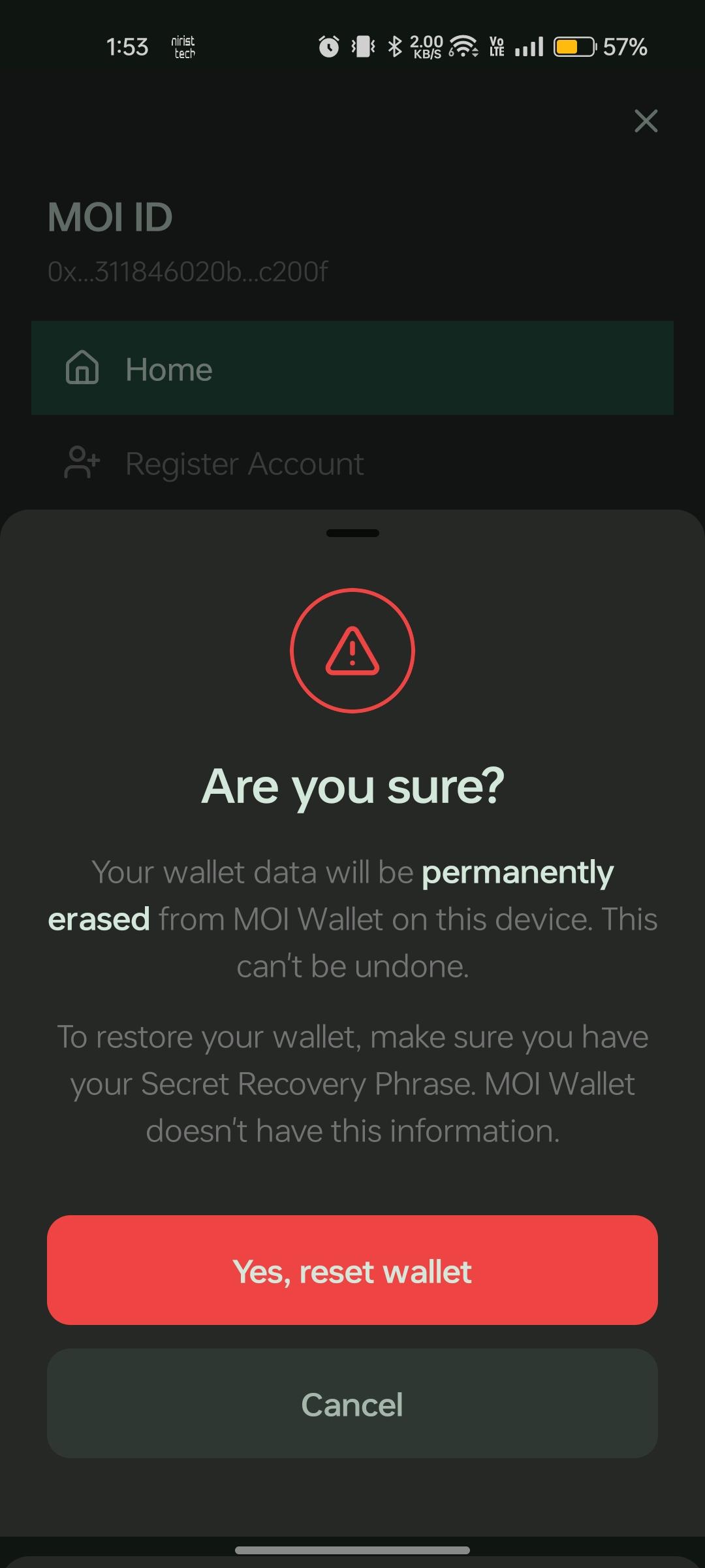 Reset Wallet confirmation screen with RESET button
