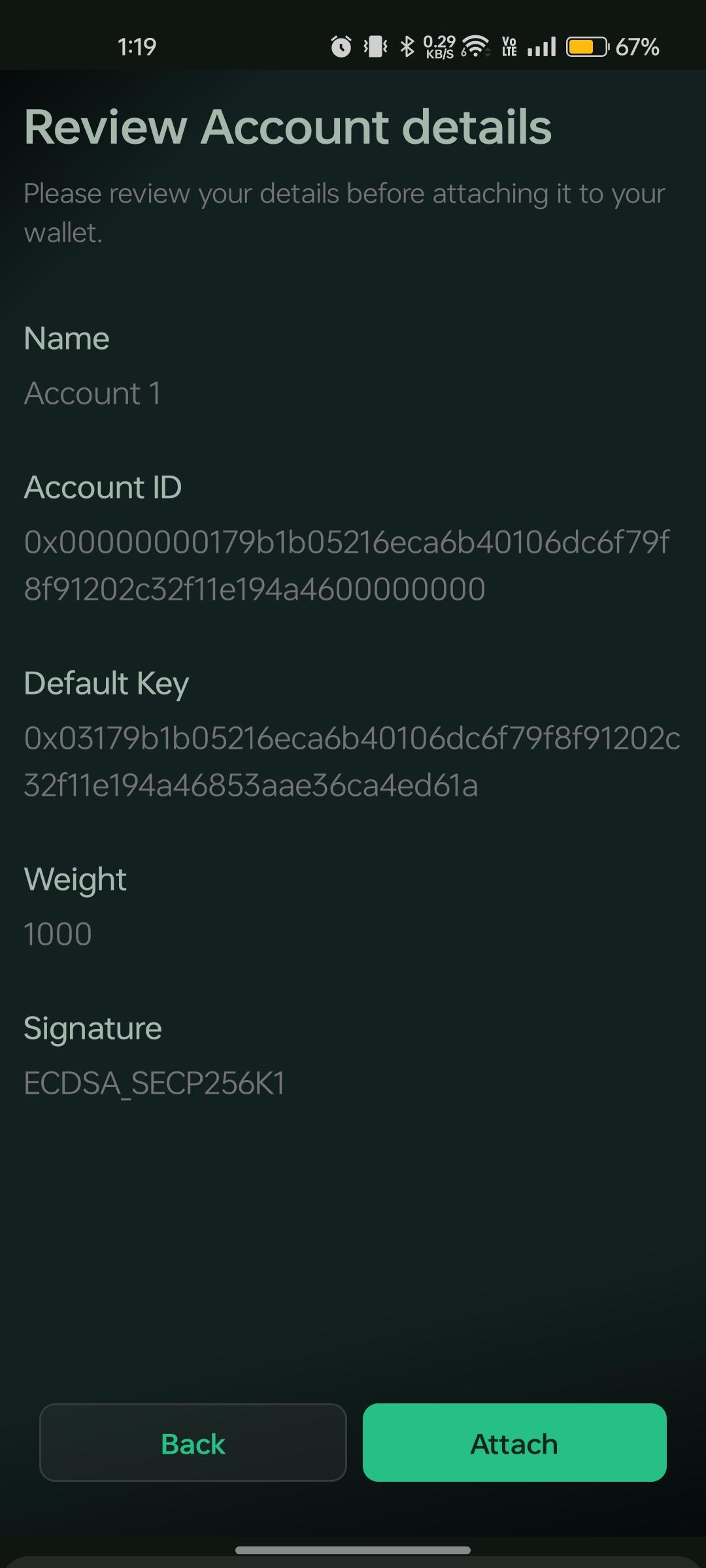 Review account details before confirming attach account